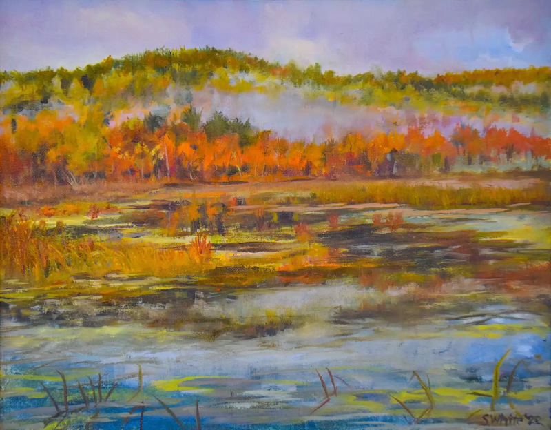 A colorful, impressionistic portrayal of wetlands. A soft, rolling hill stands in the background below a cloudy sky. 