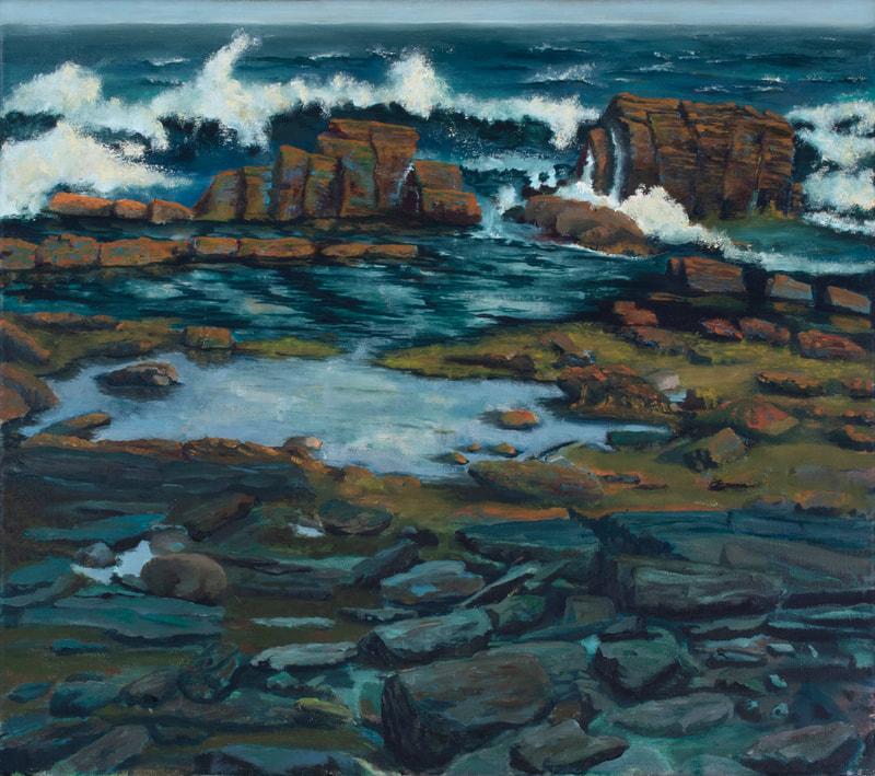 A painting of the ocean with waves crashing against a rocky shore. 