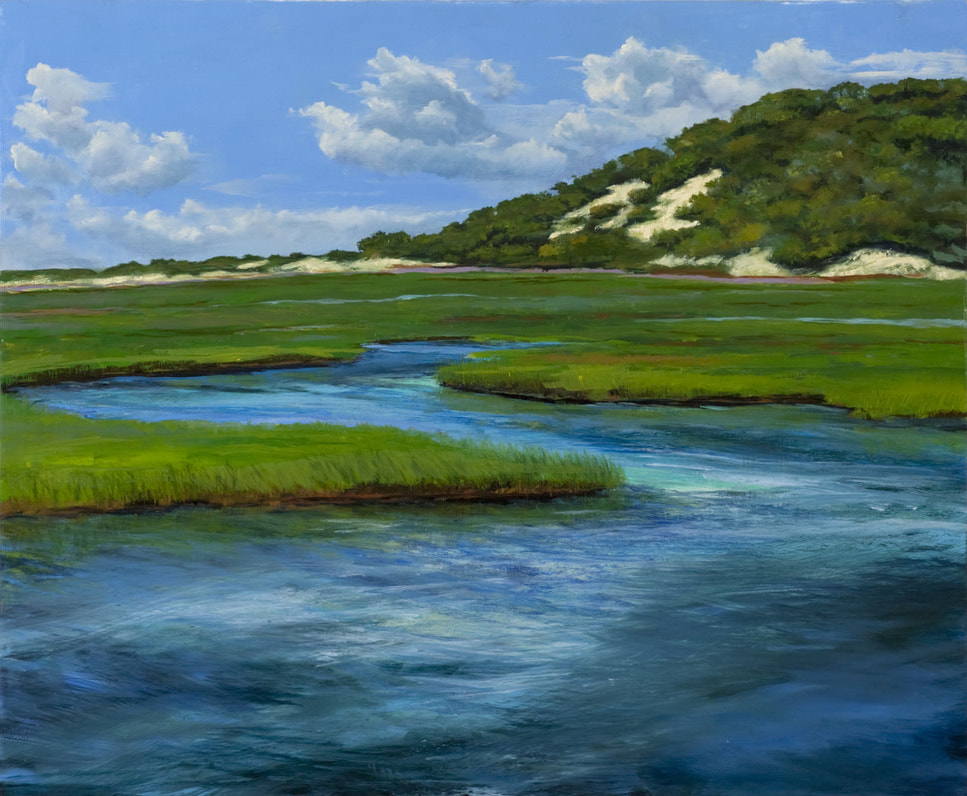 A Cape Cod landscape painting. A tributary winds through patches of green grass towards a sandy hill in the distance. 