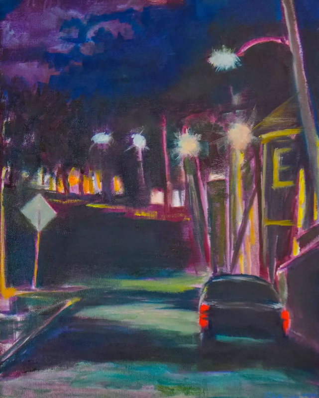 A painting of a streetlight-studded road at night. A car's brakes light glow red as it sits at the corner of the street, adjacent to a sign on the other side of the road. The street sign faces away from the viewer. 