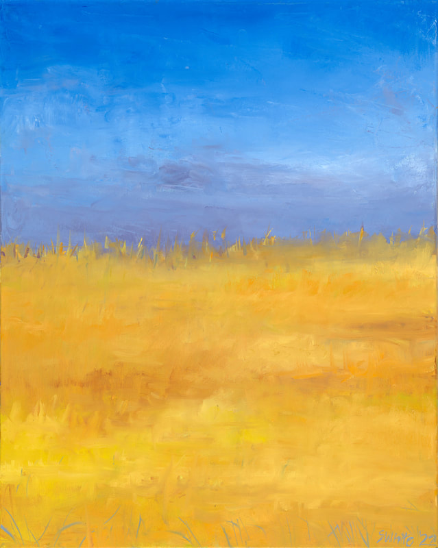 Abstract painting resembling the Ukrainian flag, with blue on the top and yellow on the bottom. 