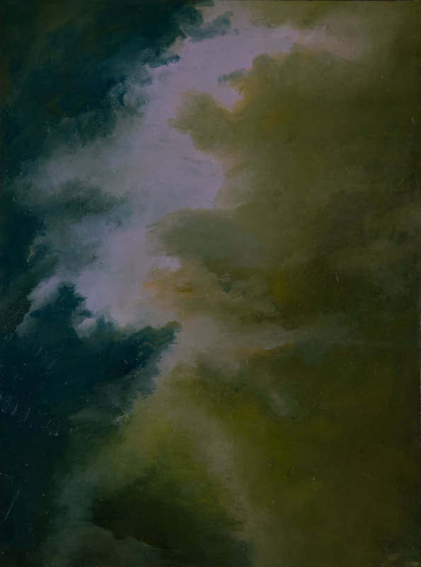 Abstract cloudscape featuring dark colors, highlighted by the illuminated edges of the large cloud. 