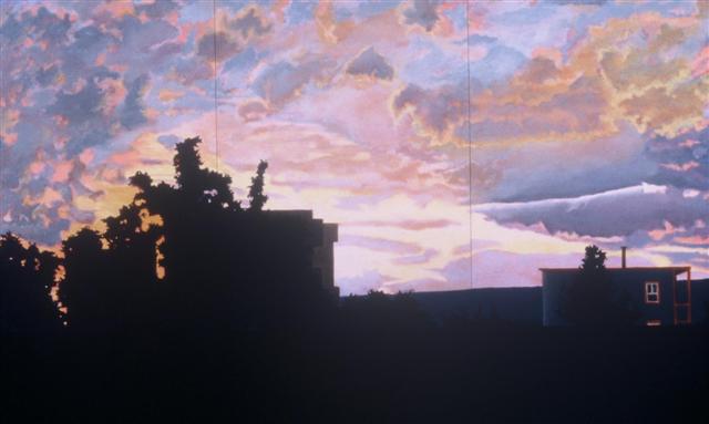 A painting of a pink and purple sunset with touches of orange. The silhouette of trees and buildings appear in the foreground. 