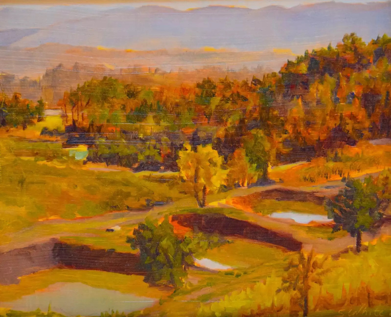 A warm-toned landscape painting depicting a view of rolling wooded hills. Larger mountains loom in the background. 