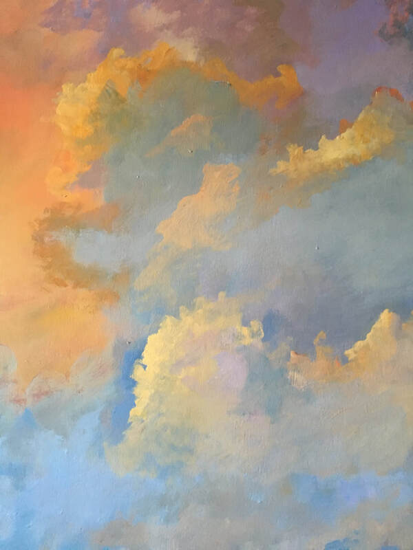 A close up of The World Below mural. This section of the painting depicts softly colorful, fluffy clouds. 