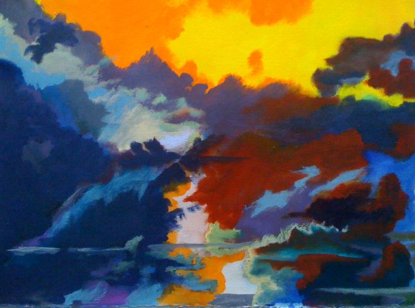 A colorful abstract cloudscape painting. Cool tones surround a warmer center. 