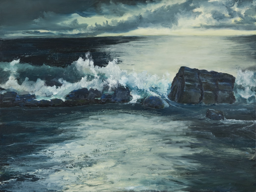 A painting of the ocean with waves crashing against a rocky shore. 