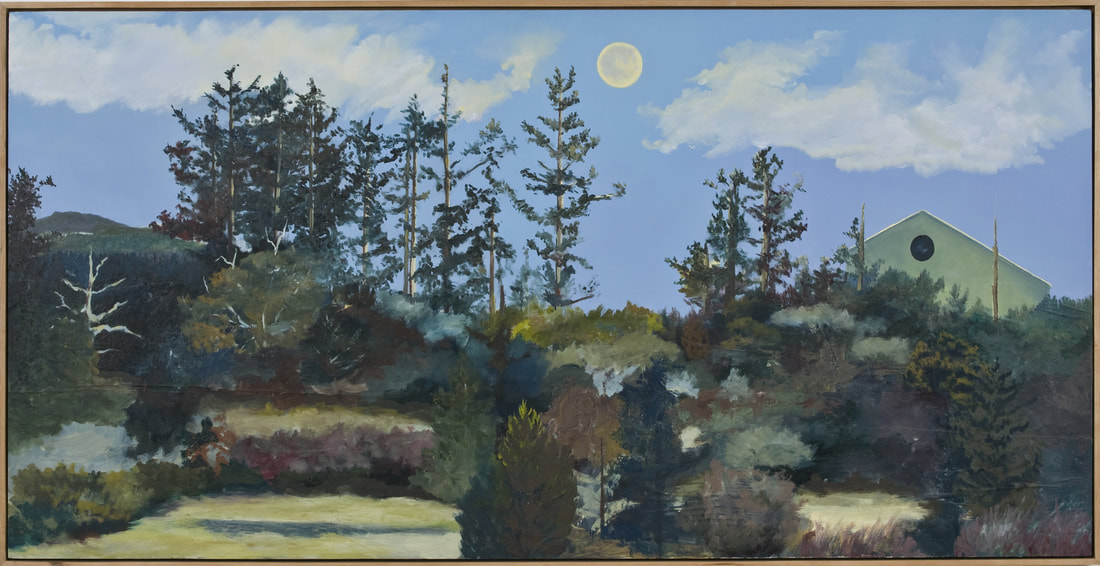 A Californian landscape. The apex of a green home peeks over the trees as a bright moon looms high in the sky.