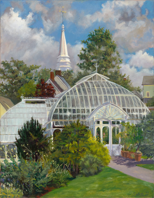 A painting of the Smith College greenhouse. A church steeple appears in the background. 