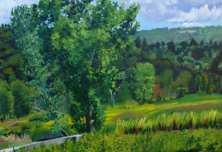 Landscape painting of the Westfield River basin. A lush green tree stands in the foreground. 