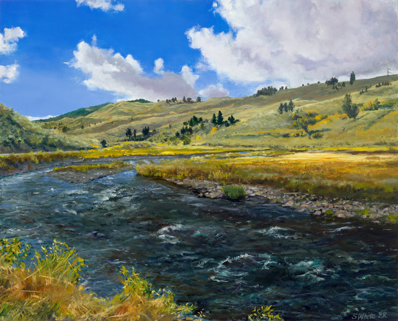 Painting of a river and rolling green hills in Yellowstone National Park. The sky is a bright blue with fluffy white clouds. 